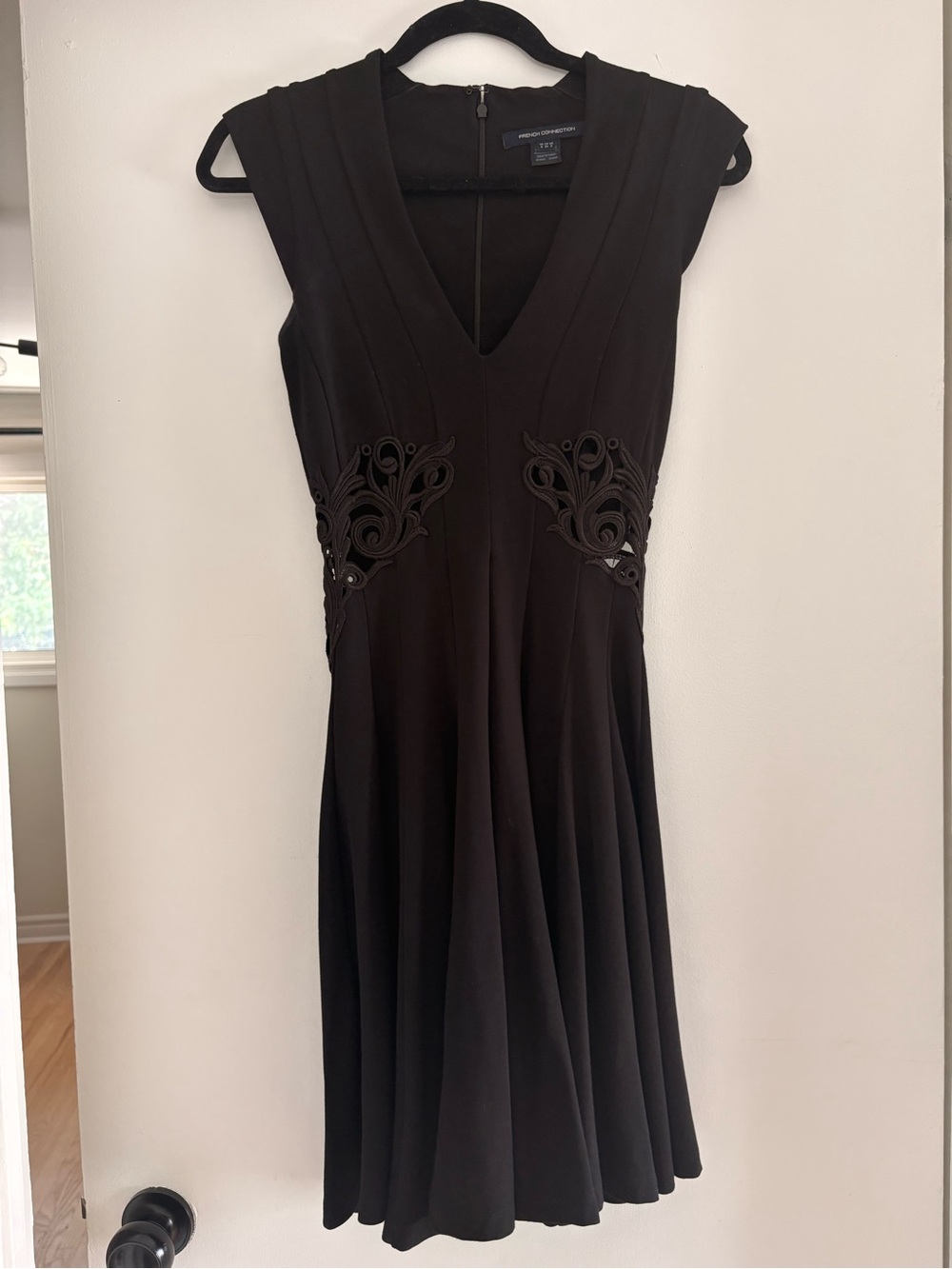 French Connection Black V-Neck Midi Dress with Side Appliqué
